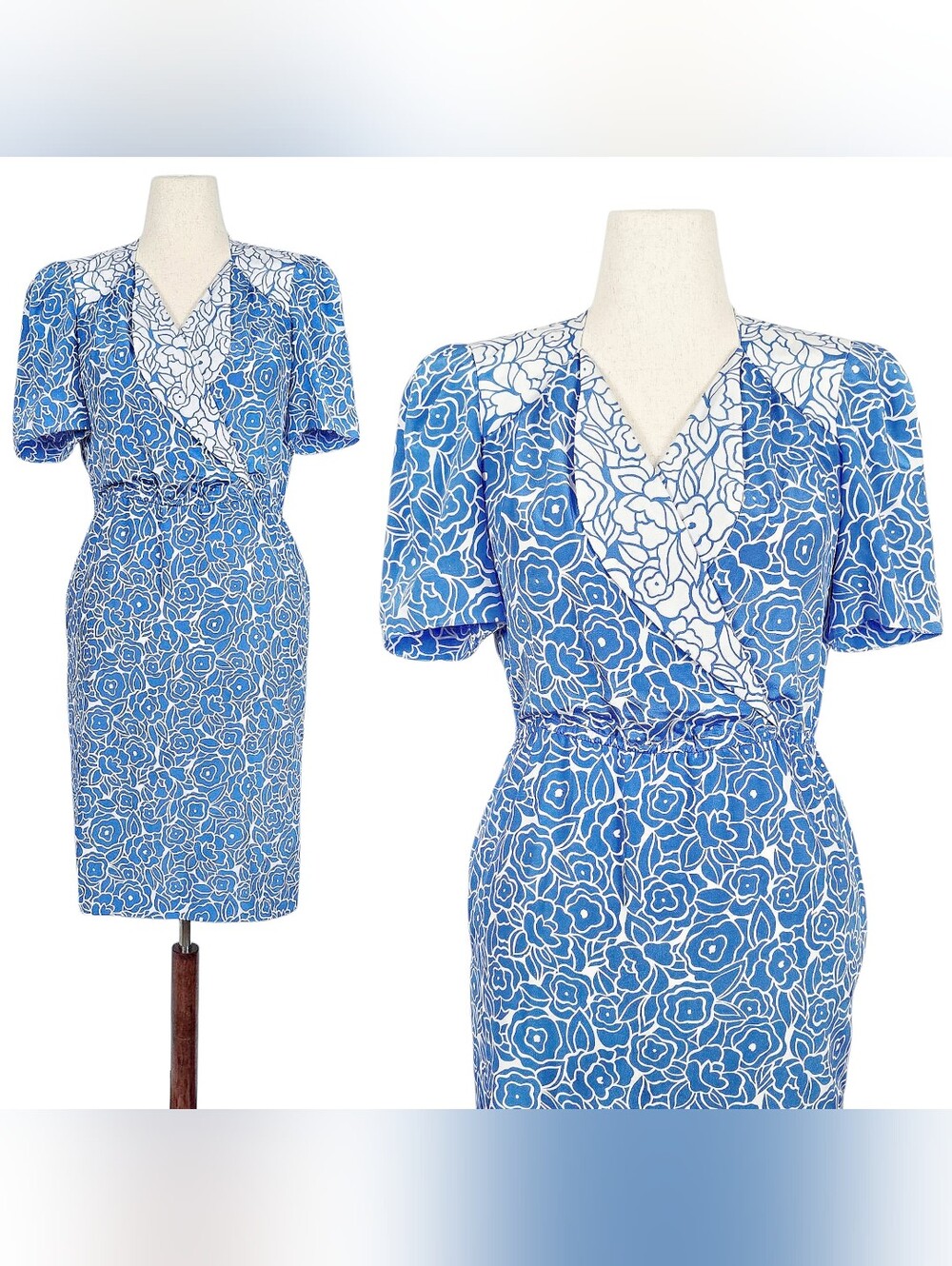 1980s Vintage Dress 80s Midi Blue White Floral Medium Large M/L Shirtwaist Volup